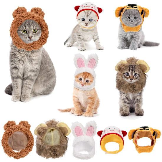 Eorbow 5 Pcs Cat Costume Hats Cute Bunny Bear Pet Hat with Ears Funny Mane Lion Tiger Soft Cap Party Headwear Accessories for Small Puppy Dog Kitten