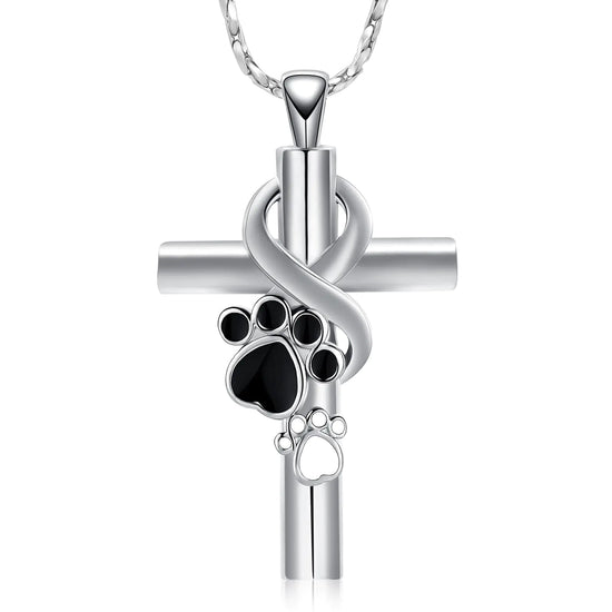 QGJNSGC Cross Urn Necklace for Ashes Pet Paw Cremation Jewelry Ashes Necklace for Dog/Cat Paw Print Memorial Locket for Women Men