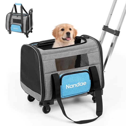 Cat Carrier with Wheels Foldable Airline Approved Pet Carrier for Dogs Cats Carrier Under 20 lbs Soft Rolling Pet Carrier Travel Bag with Tie Rod for Hiking/Camping/Veterinary Visits