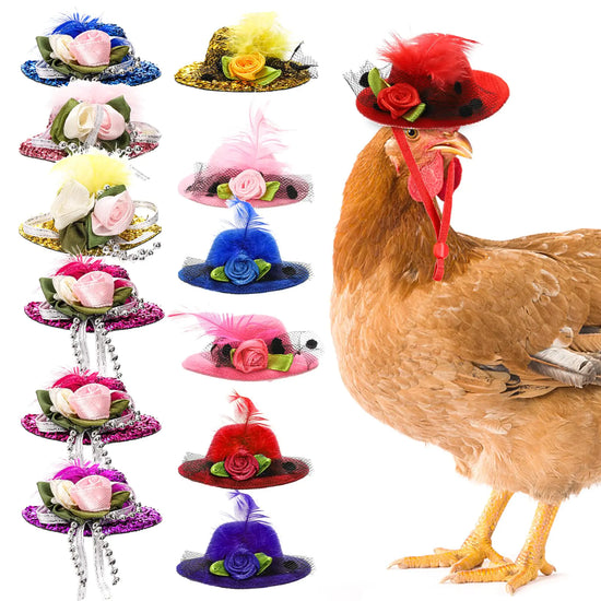 Eorbow 12 Pcs Chicken Hats for Hens Mini Feather Top Chicken Helmet Halloween Accessories Funny Small Hat Tiny Pet Hat Chicken Show Costume for Rooster Duck Hamster Parrot Bird Poultry Snake