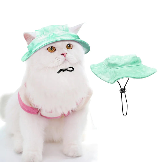 PETWIT Pet Hat with Ear Holes Sunscreen Cat/Dog Hats Adjustable String Pet Hats Sun Hat Bucket Hat Outdoor Sun Protection Pet Caps for Small Medium Cats Dogs (Light Green Medium)
