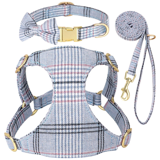 Cute Extra Small Dog Harness Collar and Leash Set Soft Lightweight Plaid Puppy Harness and Collar with BowtieAdjustable No Pull Pet Harness Small Sized Dog Cats Walking(BlueXXS)