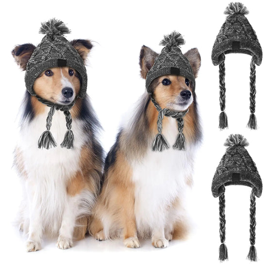 2 Pieces Winter Dog Hat Pet Dog Knitted Hat Soft Warm Pom Dog Beanie Dog Snood Headwear Hats for Dogs with Ear Holes and Long Tassel Dog Cap for Small Medium Dogs Puppy Clothes 2 Styles