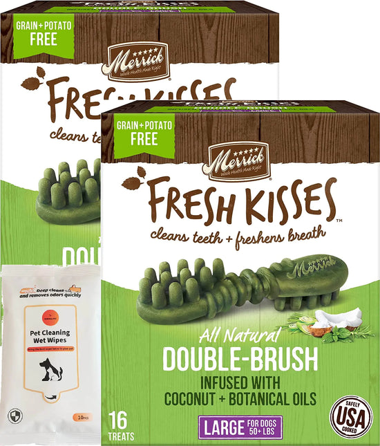 Aurora Pet Bundle Pack (2) Fresh Kisses Double-Brush Coconut + Botanical Oils Infused Large Dental Dog Treats with AuroraPet Wipes