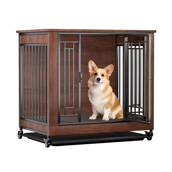 Dog Crate Furniture 32" Dog Kennel Furniture Small Dog Kennel Indoor Dog Crates for Small Dogs Wooden Dog Crate with Wheels Tray Feeding Window