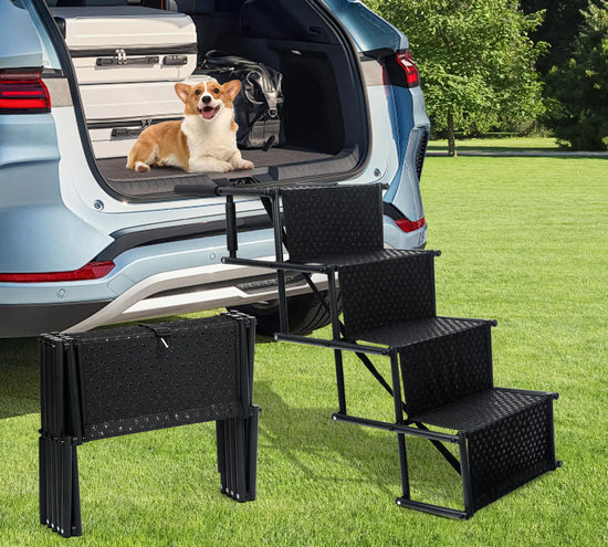 Dog Stairs for Car Foldable Dog Stairs with Non-Slip Dog Paw Print Oxford Cloth 4 Steps Dog Stairs Support 150 lbs for Large Dog Injured Dog Short Legged Dog Suitable for Cars SUVs High Beds