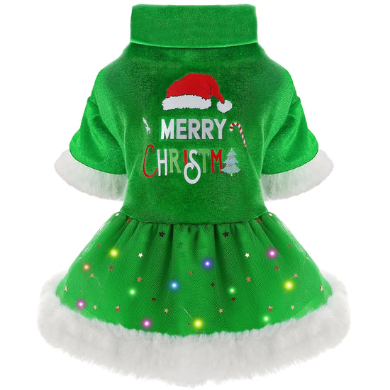 Sebaoyu Dog Christmas Dress Dog Christmas Sweater Dress Female LED Light Winter Dog Sweater for Small Dogs Girl Dog Christmas Outfit Dog Christmas Clothe CostumeCat Puppy Pet Apparel (M，Green)