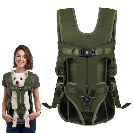 Dog Front Carrier Backpack Dog Backpack Carrier Soft Pad Pet Legs Out Easy-Fit Dog Front Carrier for Small Medium Puppy Hands Free Dog Carrier Adjustable for Cycling Hiking (Army Green M)